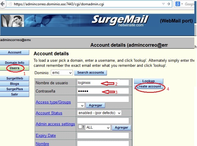 Interfaz de SurgeMail para creación de cuentas